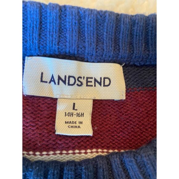 Preppy Cozy Lands End Stripe Cotton Nautical Crew Neck Sweater Knit L Fall - Picture 3 of 5